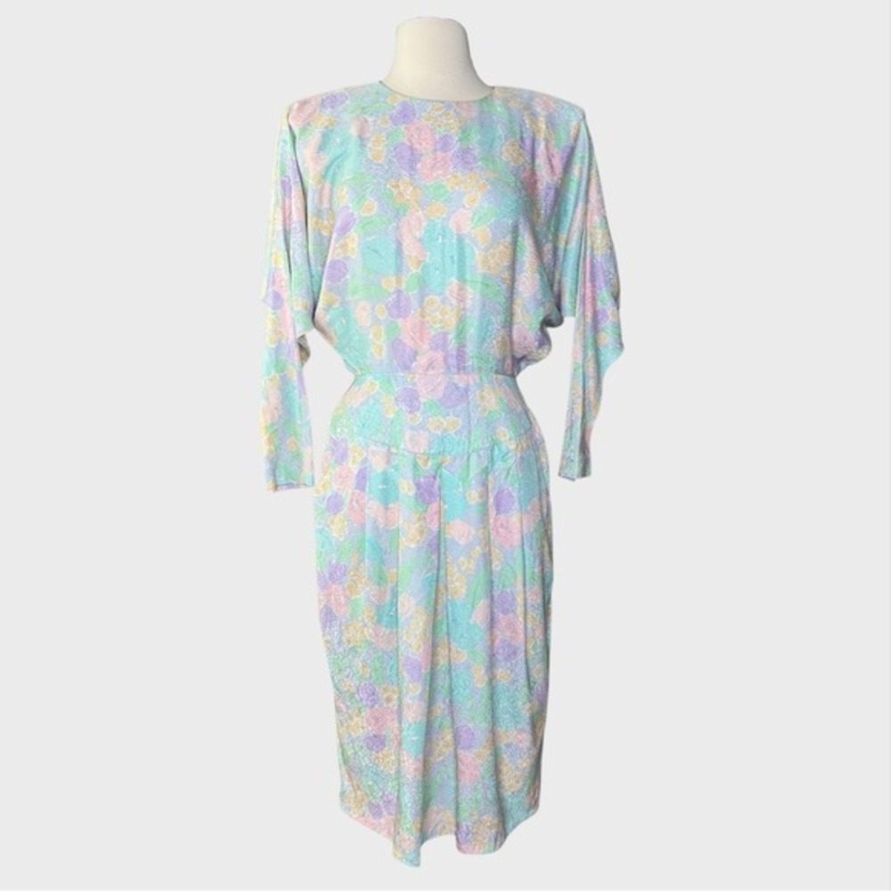 Size 6 Vintage 80's Silk Pastel Floral Dress Long Sleeve‎ Midi Women St. Gillian